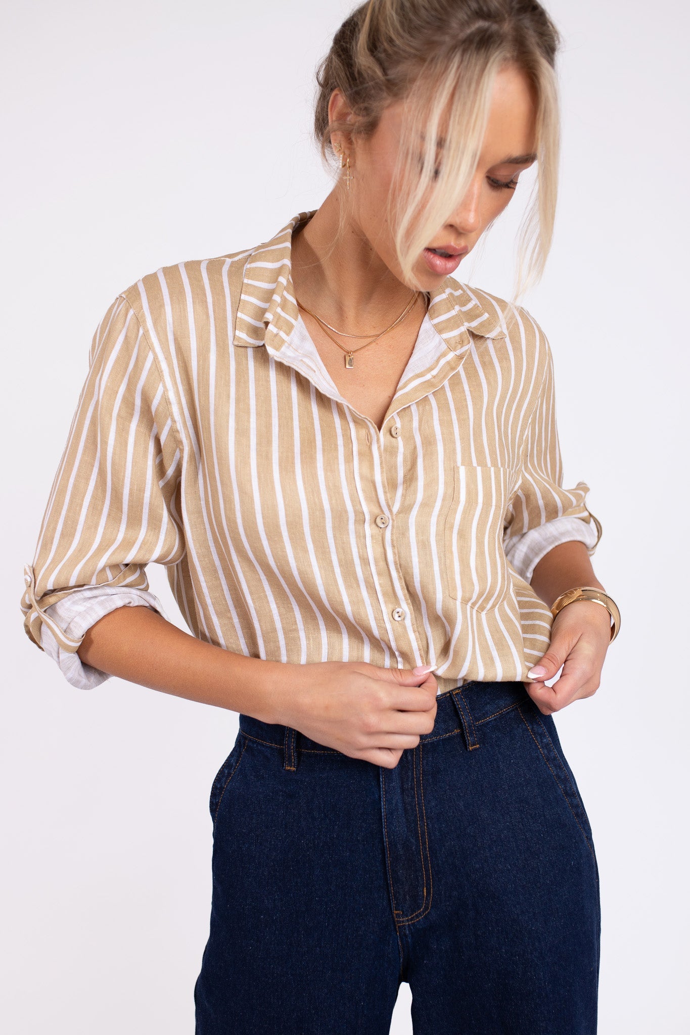 Iconic Tan Stripe Boyfriend Linen Shirt