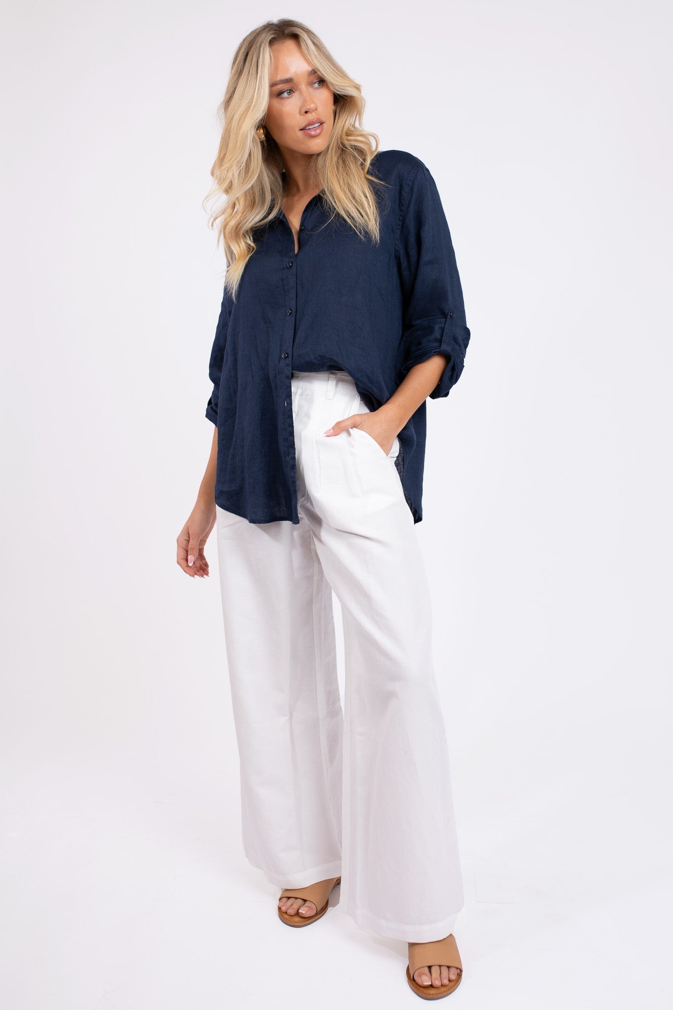 Navy No Pocket Boyfriend Linen Shirt