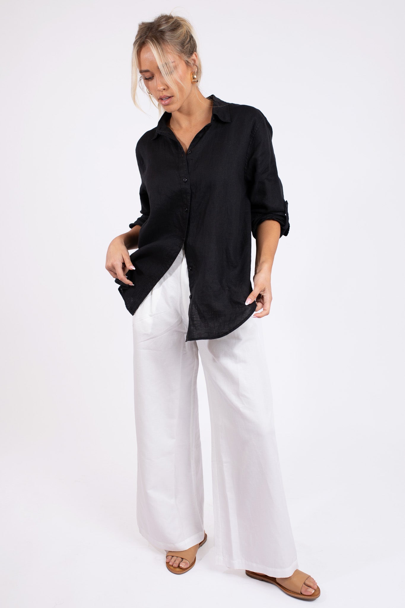 Black No Pocket Boyfriend Linen Shirt