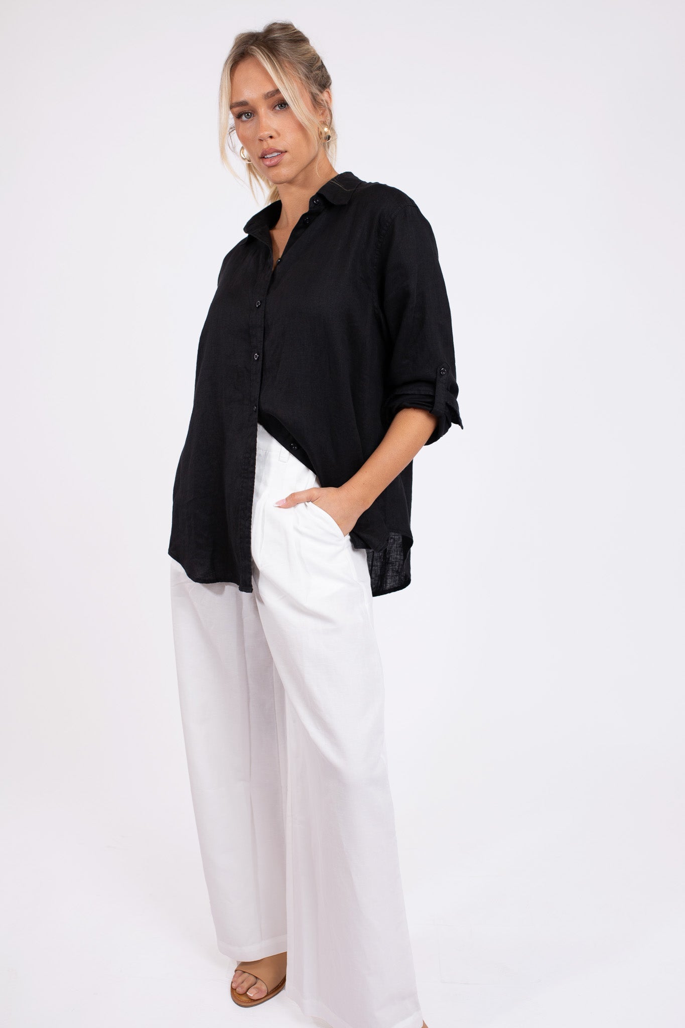Black No Pocket Boyfriend Linen Shirt