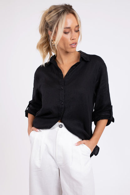 Black No Pocket Boyfriend Linen Shirt