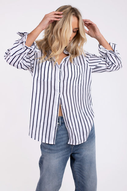 Navy and White Stripe Boyfriend Linen Shirt