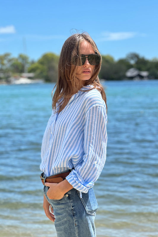 Sky BLUE Yarn Dyed Stripe Boyfriend Linen Shirt